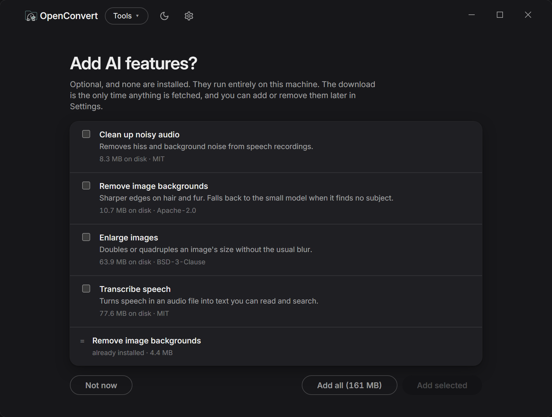 The OpenConvert first-run panel offering four optional models, none installed.
