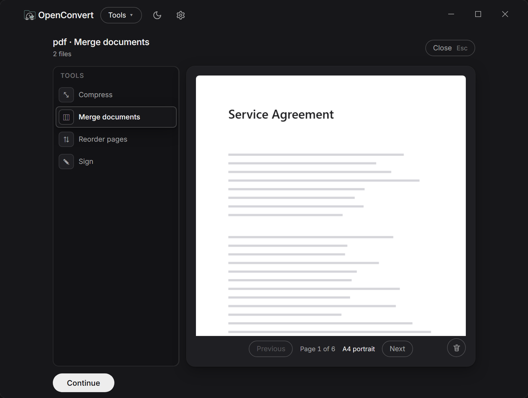 Two PDFs loaded in OpenConvert, ready to merge into one file.
