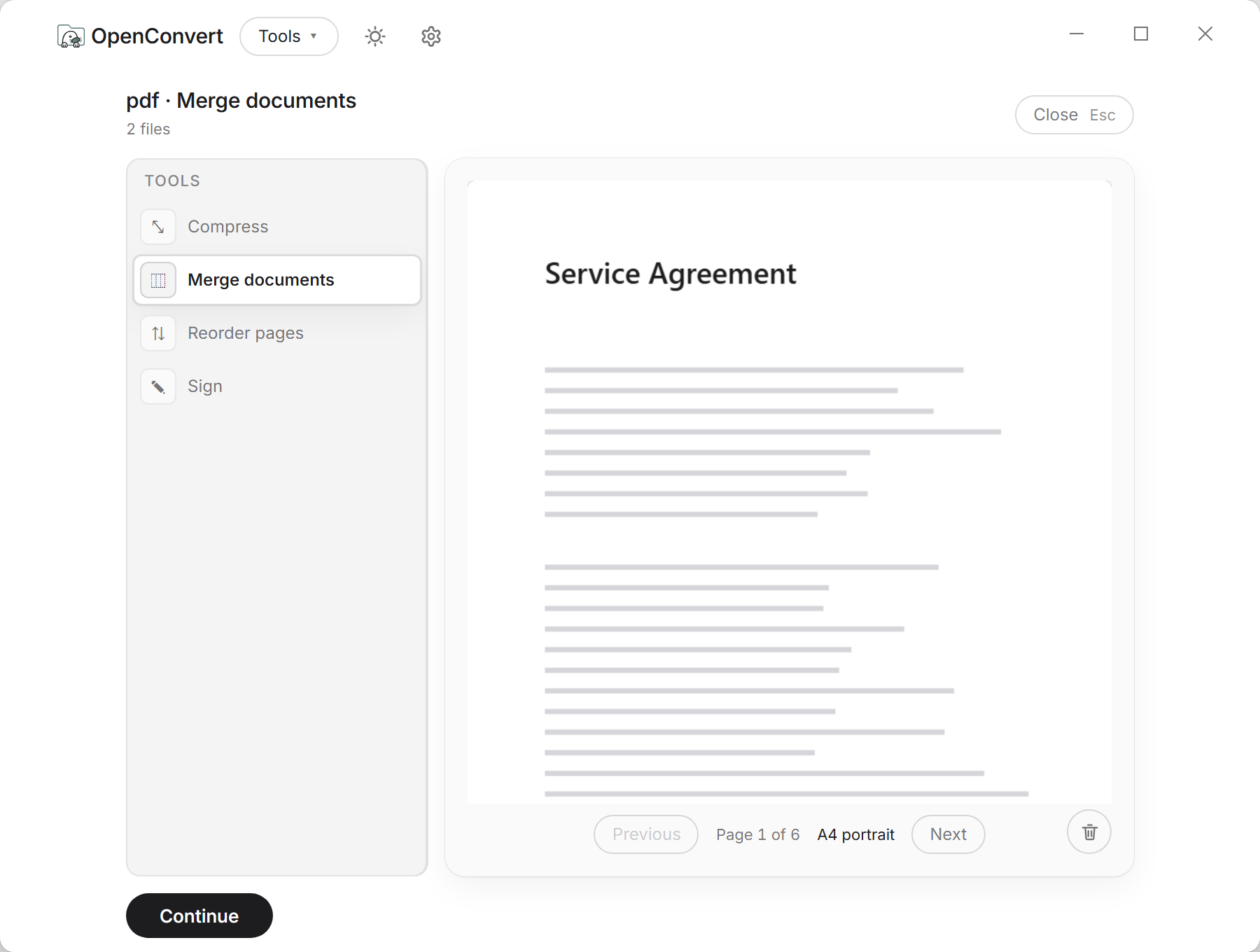 Two PDFs loaded in OpenConvert, ready to merge into one file.