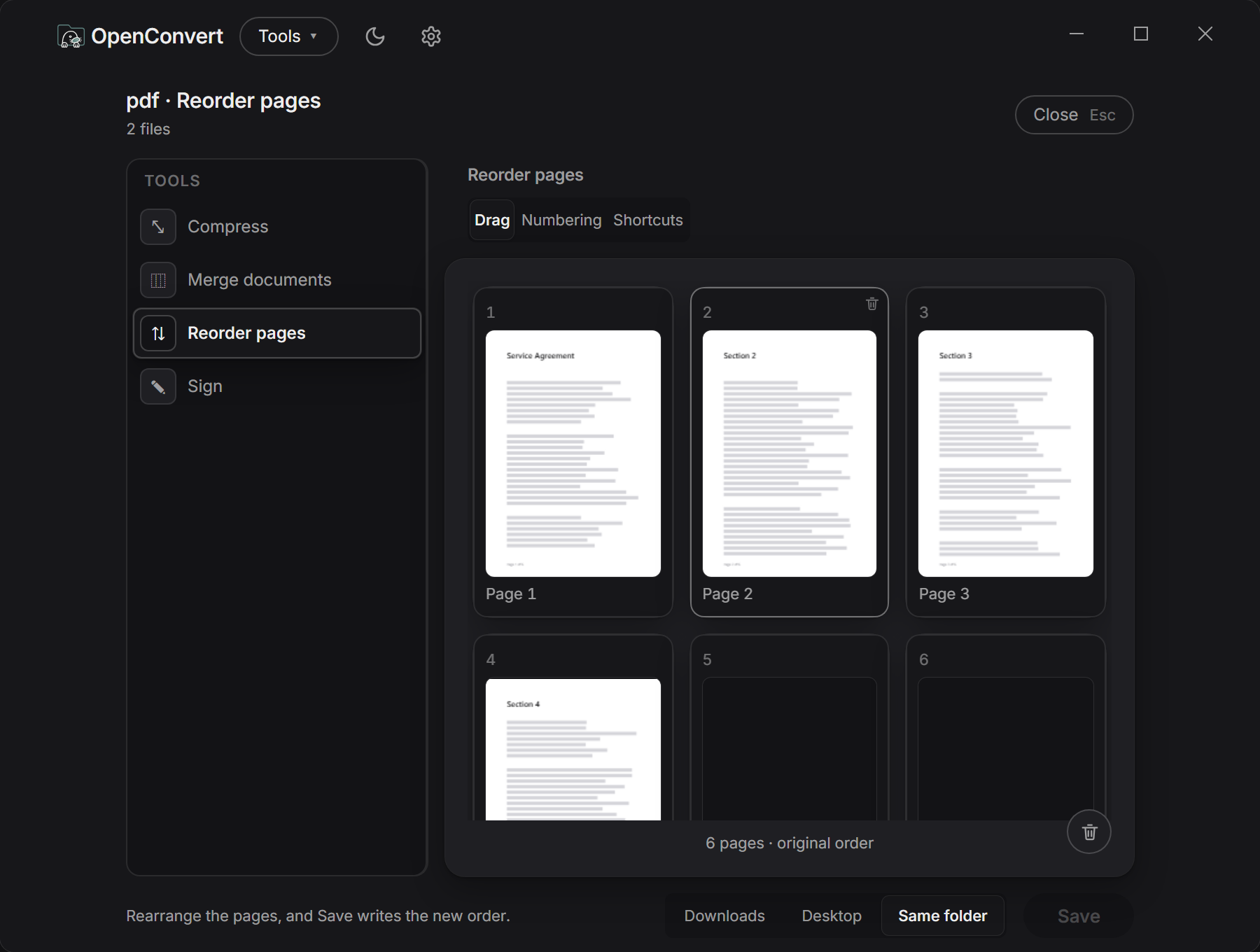 A document’s pages listed so they can be moved or dropped before the file is written.