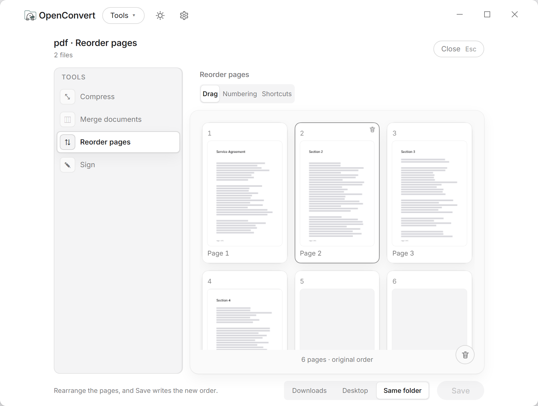 A document’s pages listed so they can be moved or dropped before the file is written.