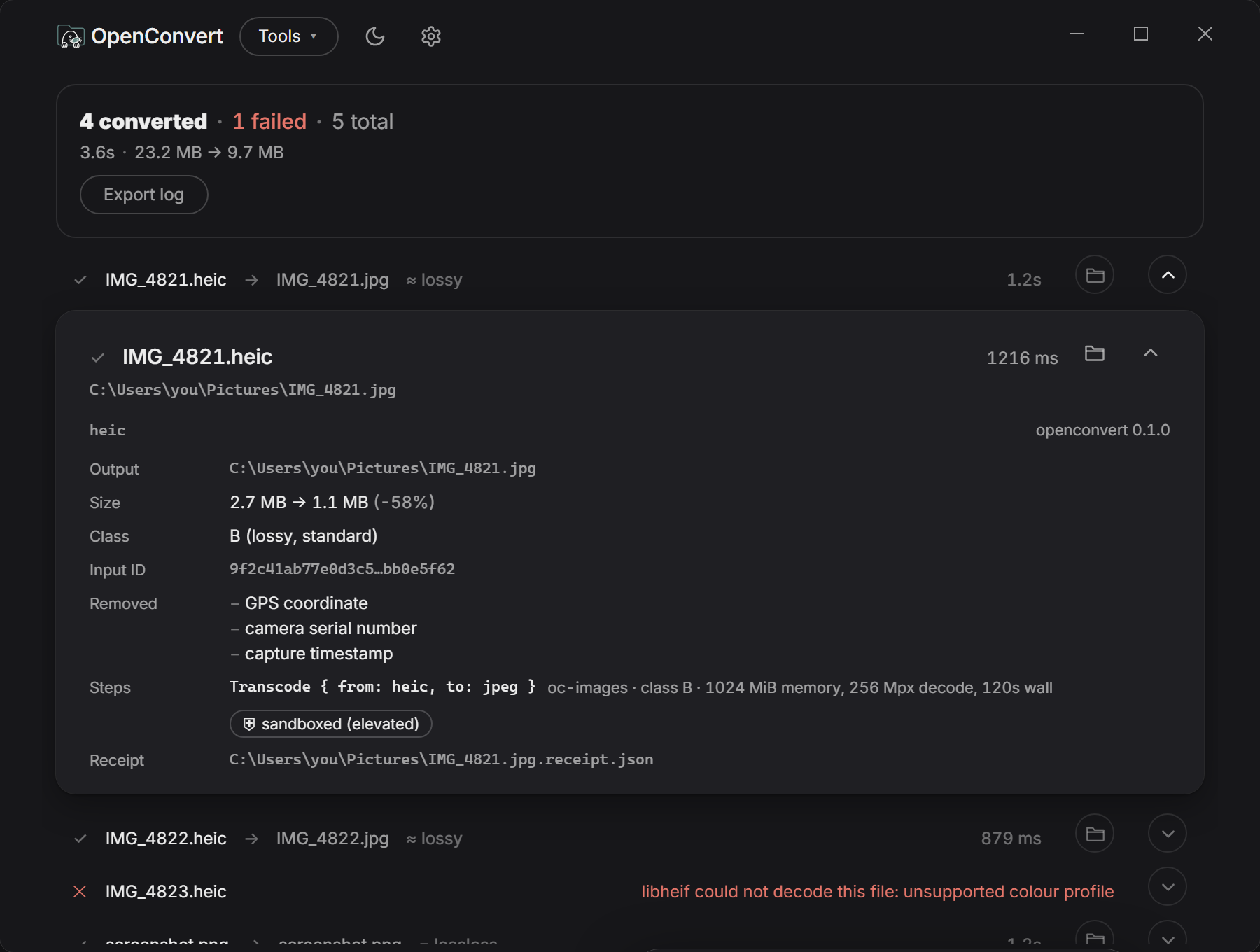 A OpenConvert receipt expanded: engine and version, operation class, sandbox profile, limits, the hash of the bytes read, and the network calls made.