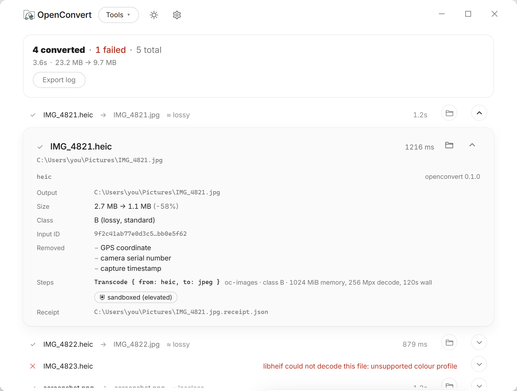 A OpenConvert receipt expanded: engine and version, operation class, sandbox profile, limits, the hash of the bytes read, and the network calls made.