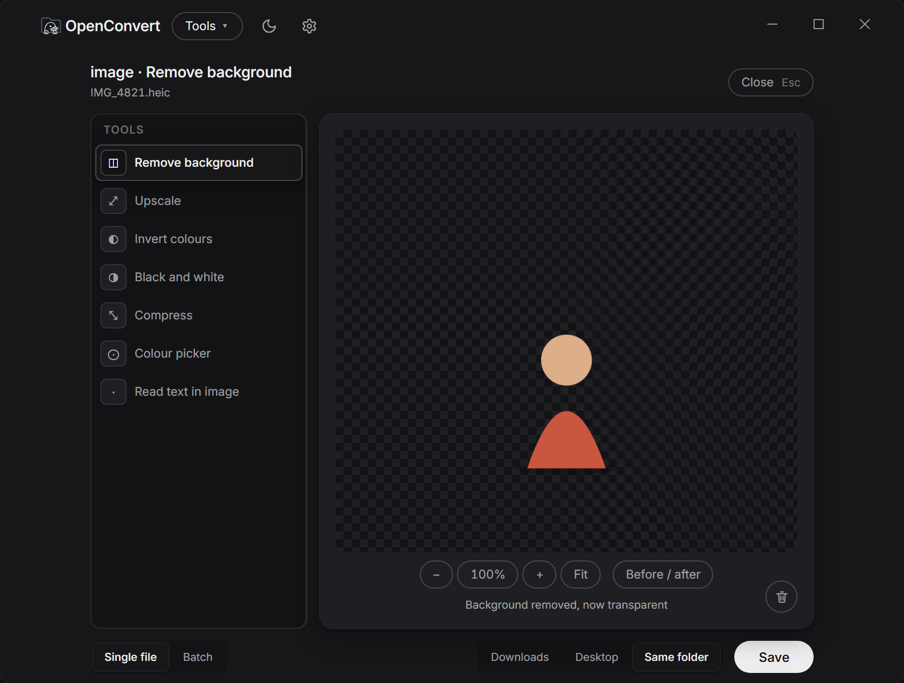The OpenConvert image workspace with a subject cut out of its background onto transparency.