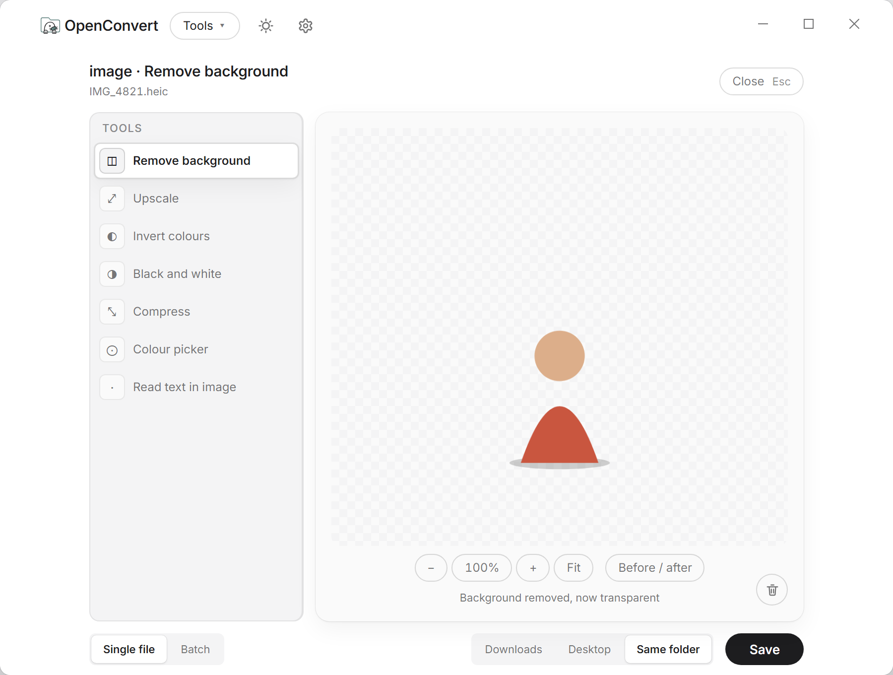 The OpenConvert image workspace with a subject cut out of its background onto transparency.