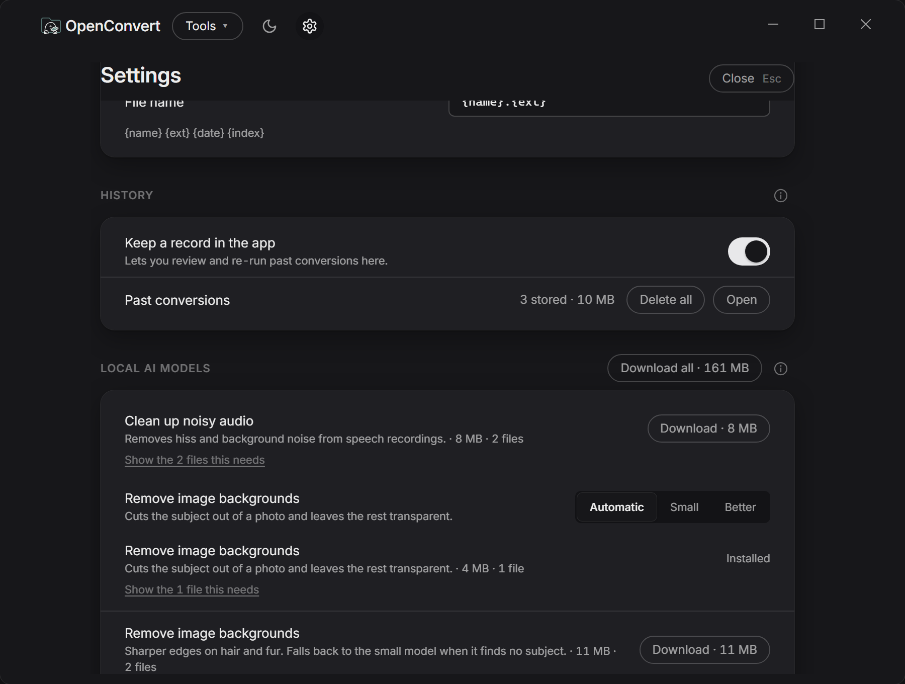 The OpenConvert settings screen, showing each on-device model with its size, licence, an enable switch, and a control that deletes it and reclaims the disk space.