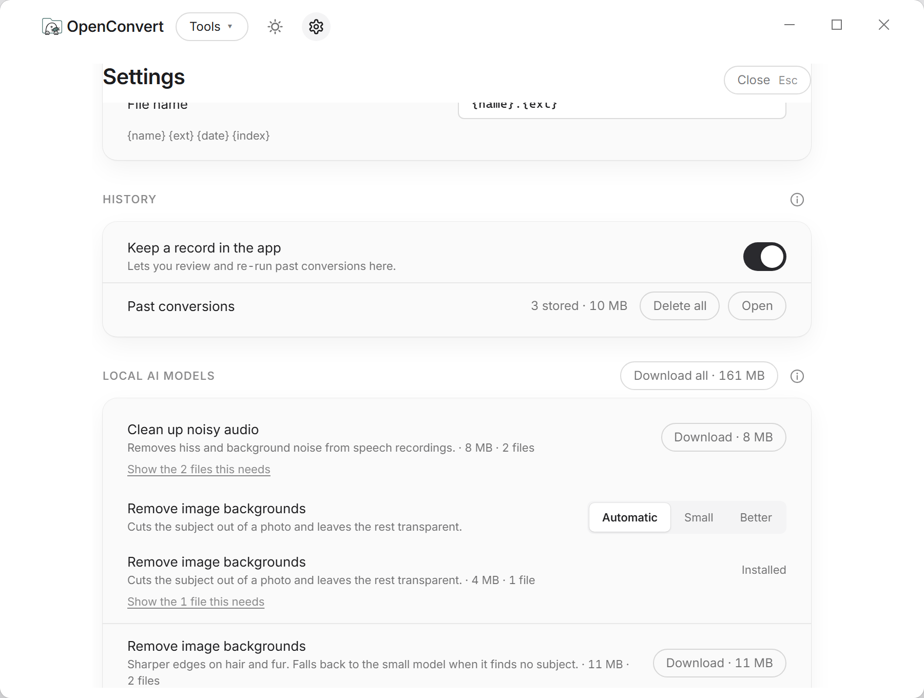 The OpenConvert settings screen, showing each on-device model with its size, licence, an enable switch, and a control that deletes it and reclaims the disk space.