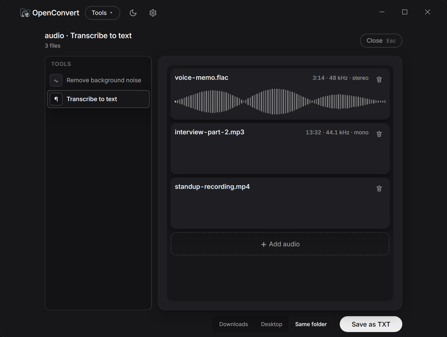 A recording and the transcript OpenConvert produced from it locally.