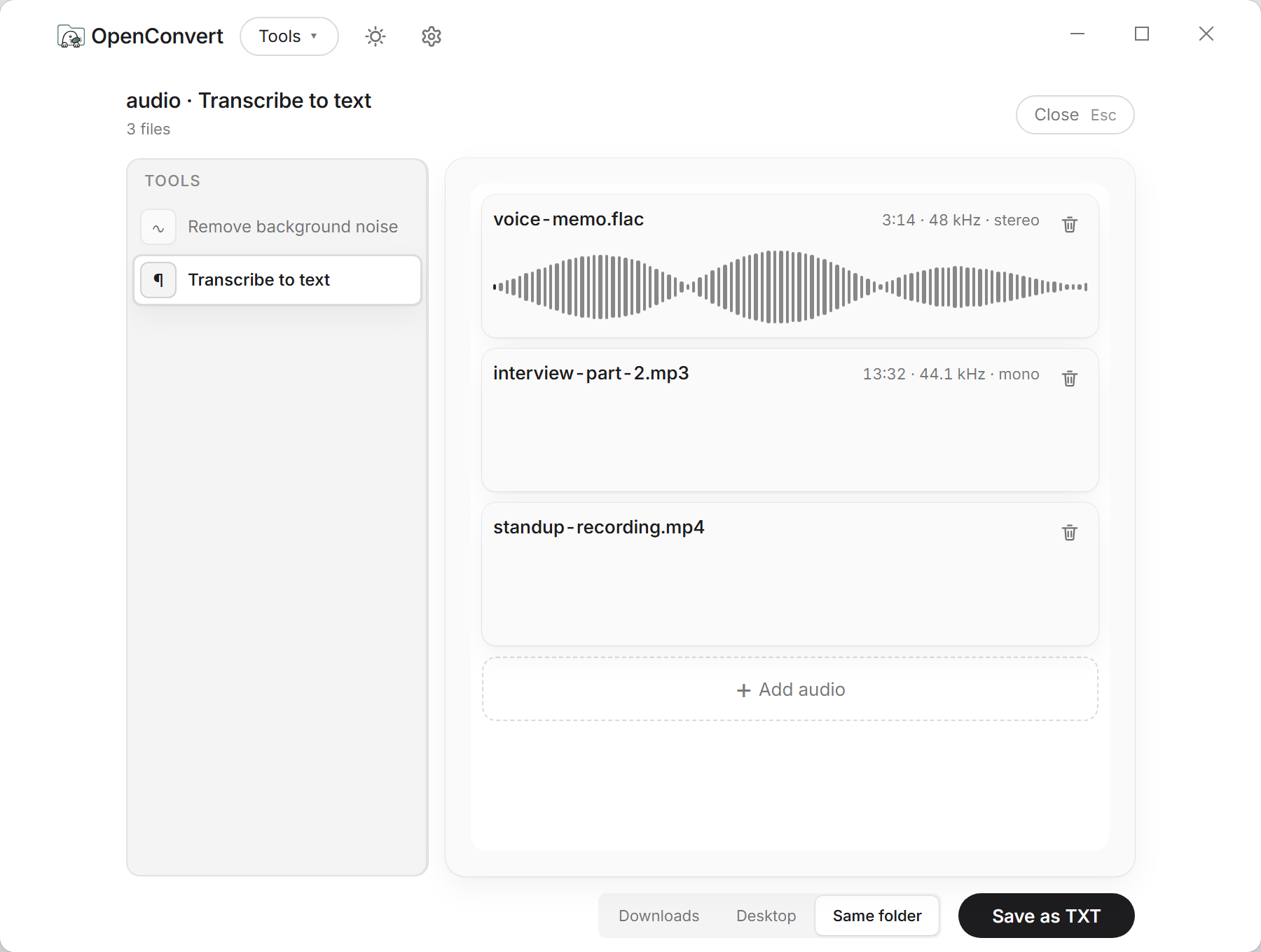 A recording and the transcript OpenConvert produced from it locally.